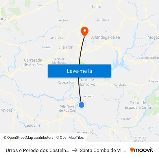 Urros e Peredo dos Castelhanos to Santa Comba de Vilariça map