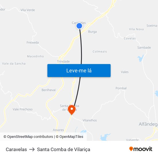 Caravelas to Santa Comba de Vilariça map