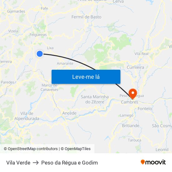 Vila Verde to Peso da Régua e Godim map