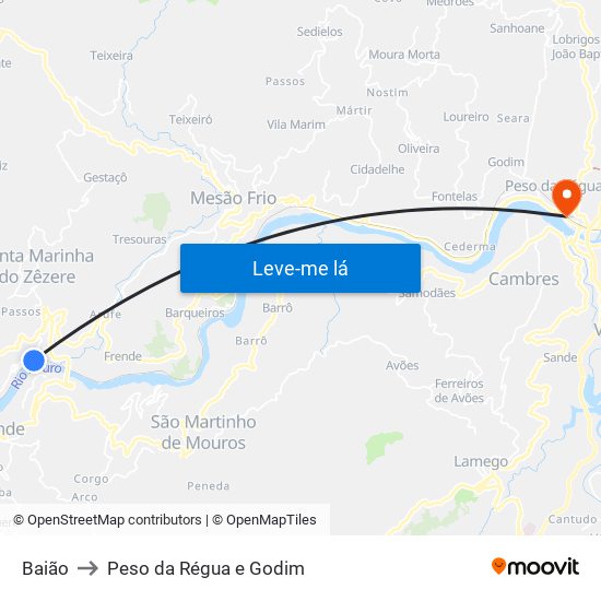 Baião to Peso da Régua e Godim map