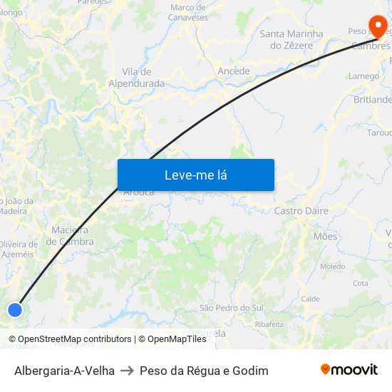 Albergaria-A-Velha to Peso da Régua e Godim map
