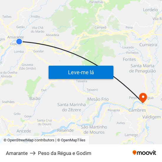 Amarante to Peso da Régua e Godim map