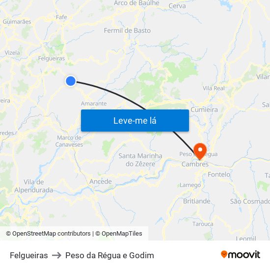 Felgueiras to Peso da Régua e Godim map