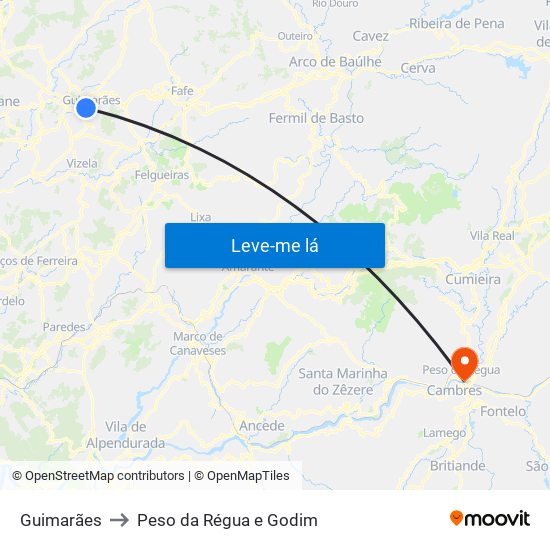 Guimarães to Peso da Régua e Godim map