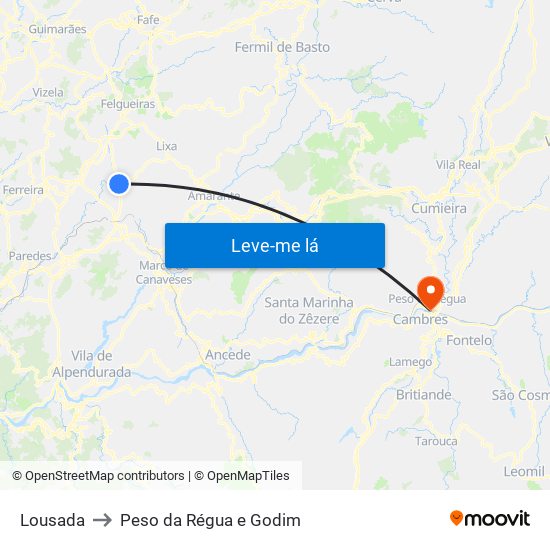 Lousada to Peso da Régua e Godim map