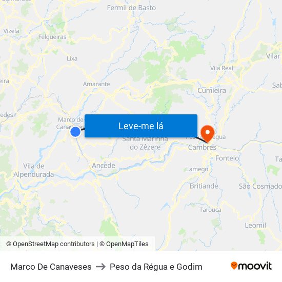 Marco De Canaveses to Peso da Régua e Godim map