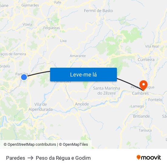 Paredes to Peso da Régua e Godim map