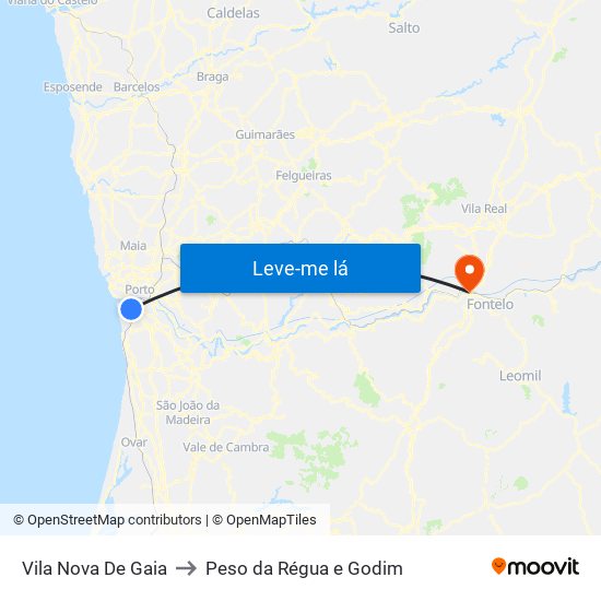 Vila Nova De Gaia to Peso da Régua e Godim map
