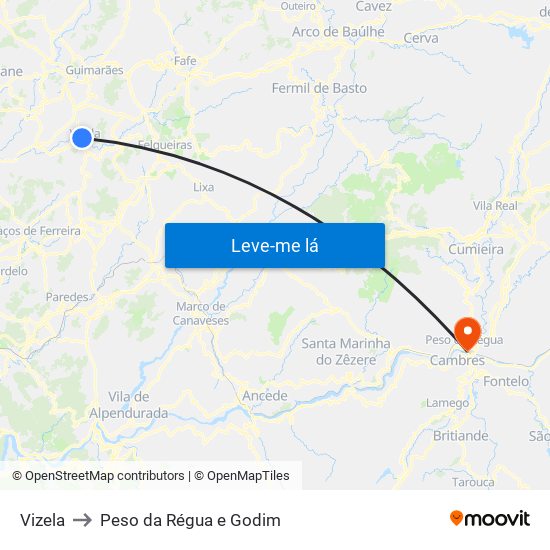 Vizela to Peso da Régua e Godim map