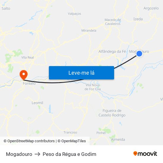 Mogadouro to Peso da Régua e Godim map