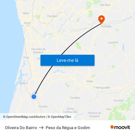 Oliveira Do Bairro to Peso da Régua e Godim map