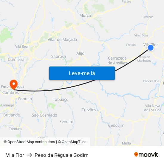 Vila Flor to Peso da Régua e Godim map