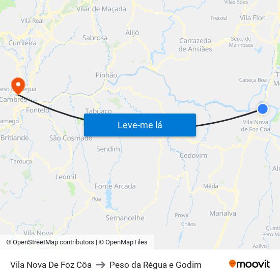 Vila Nova De Foz Côa to Peso da Régua e Godim map