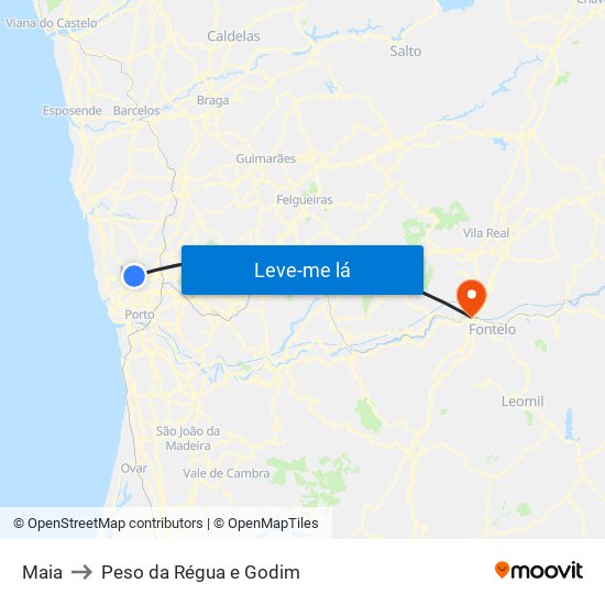 Maia to Peso da Régua e Godim map