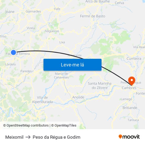 Meixomil to Peso da Régua e Godim map