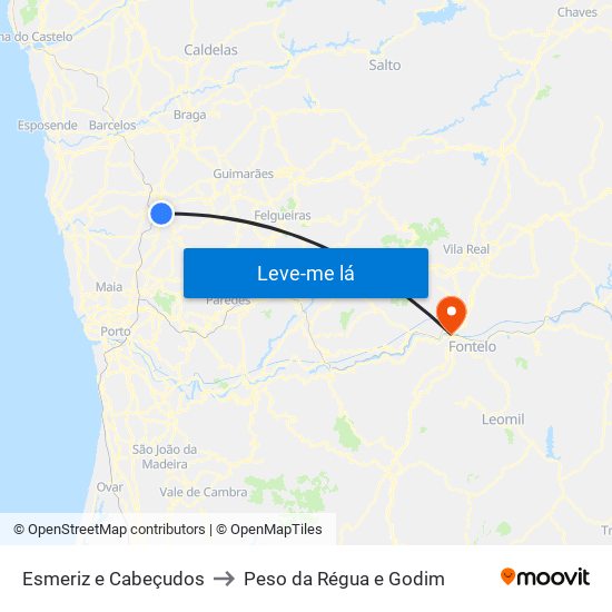 Esmeriz e Cabeçudos to Peso da Régua e Godim map