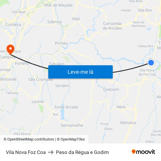 Vila Nova Foz Coa to Peso da Régua e Godim map