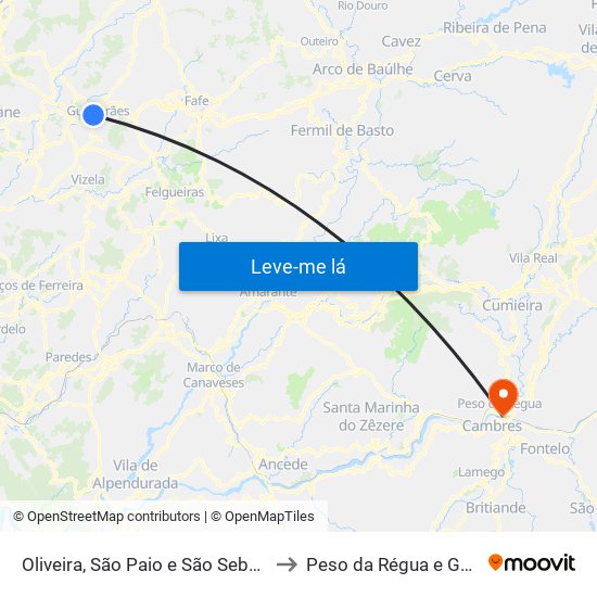 Oliveira, São Paio e São Sebastião to Peso da Régua e Godim map