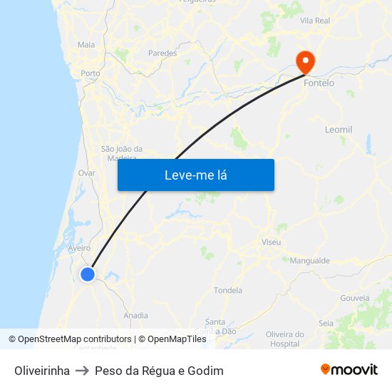 Oliveirinha to Peso da Régua e Godim map