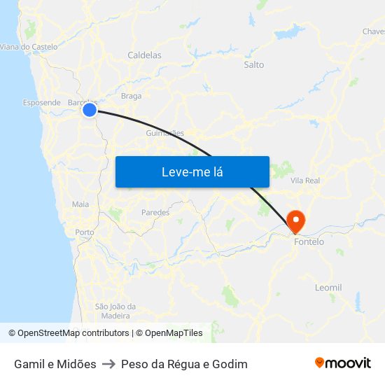 Gamil e Midões to Peso da Régua e Godim map