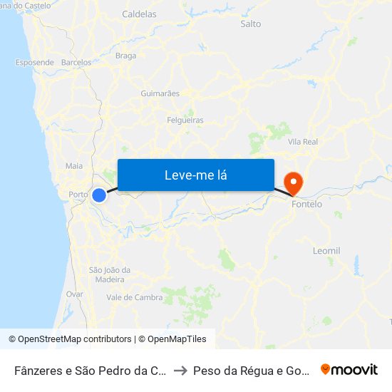 Fânzeres e São Pedro da Cova to Peso da Régua e Godim map