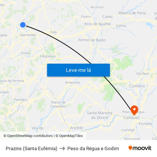 Prazins (Santa Eufémia) to Peso da Régua e Godim map