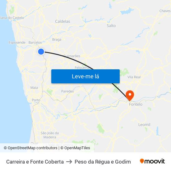 Carreira e Fonte Coberta to Peso da Régua e Godim map