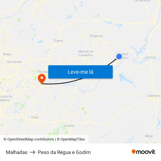 Malhadas to Peso da Régua e Godim map