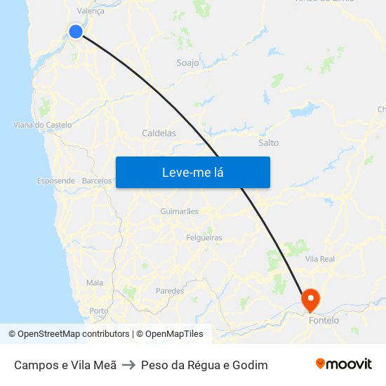 Campos e Vila Meã to Peso da Régua e Godim map