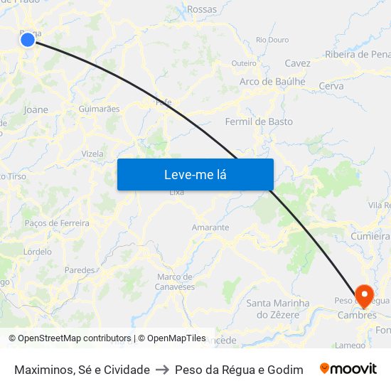 Maximinos, Sé e Cividade to Peso da Régua e Godim map