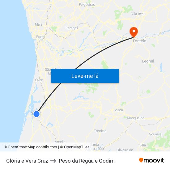 Glória e Vera Cruz to Peso da Régua e Godim map