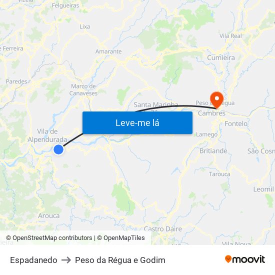 Espadanedo to Peso da Régua e Godim map