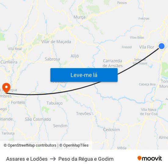 Assares e Lodões to Peso da Régua e Godim map