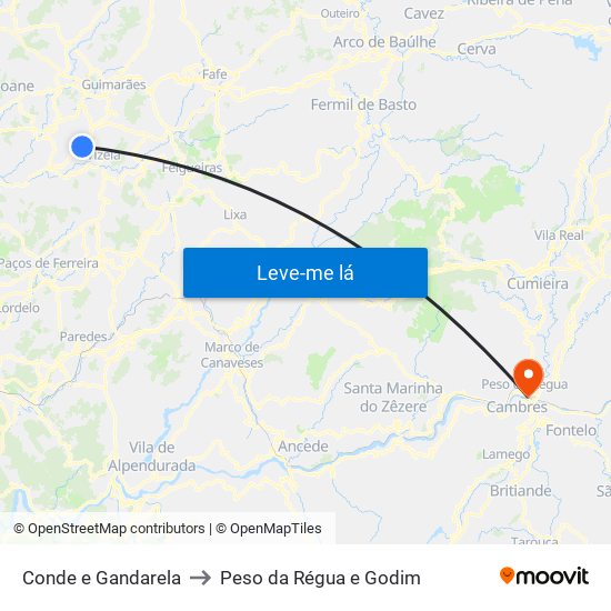 Conde e Gandarela to Peso da Régua e Godim map