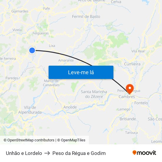 Unhão e Lordelo to Peso da Régua e Godim map