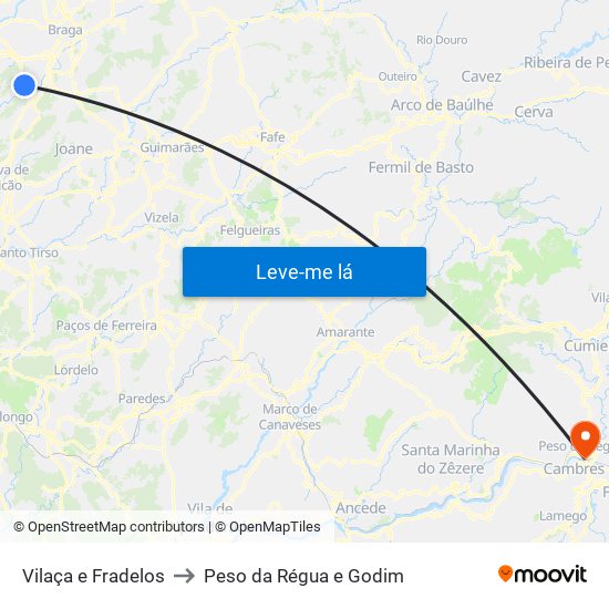 Vilaça e Fradelos to Peso da Régua e Godim map