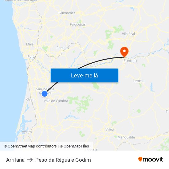 Arrifana to Peso da Régua e Godim map