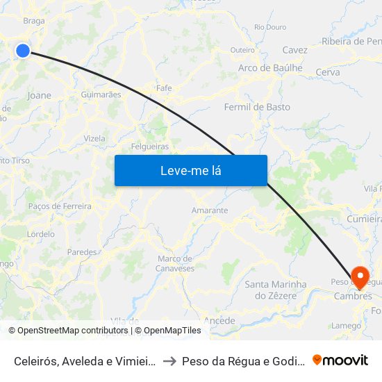 Celeirós, Aveleda e Vimieiro to Peso da Régua e Godim map