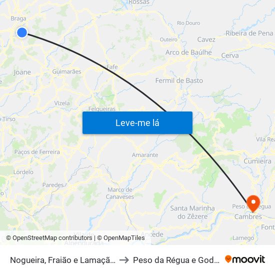 Nogueira, Fraião e Lamaçães to Peso da Régua e Godim map