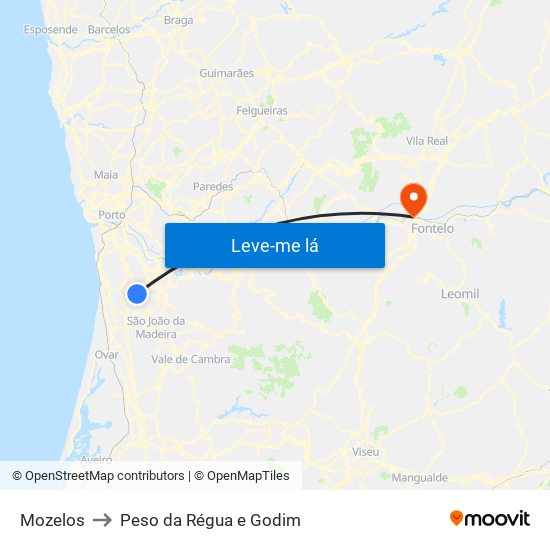 Mozelos to Peso da Régua e Godim map