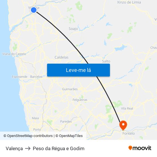 Valença to Peso da Régua e Godim map