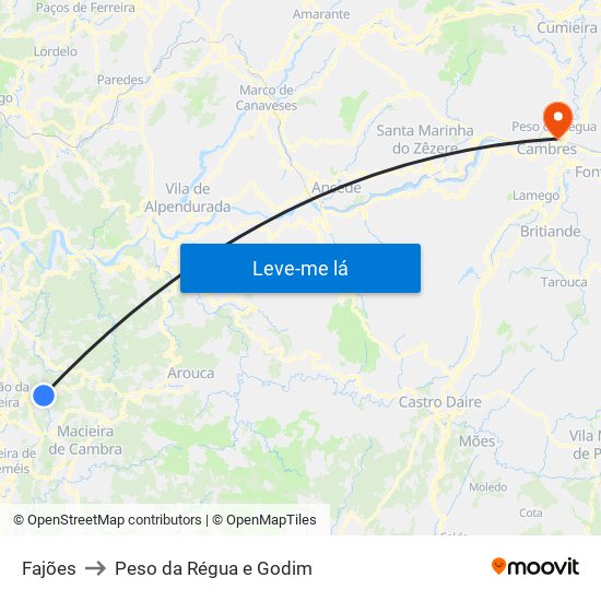 Fajões to Peso da Régua e Godim map