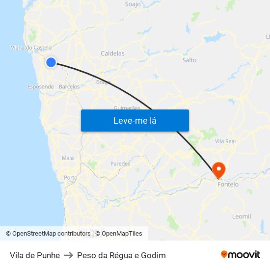 Vila de Punhe to Peso da Régua e Godim map