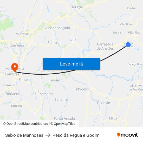 Seixo de Manhoses to Peso da Régua e Godim map