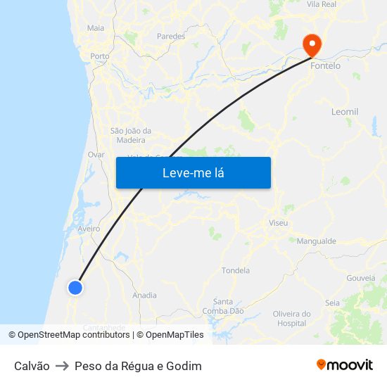 Calvão to Peso da Régua e Godim map