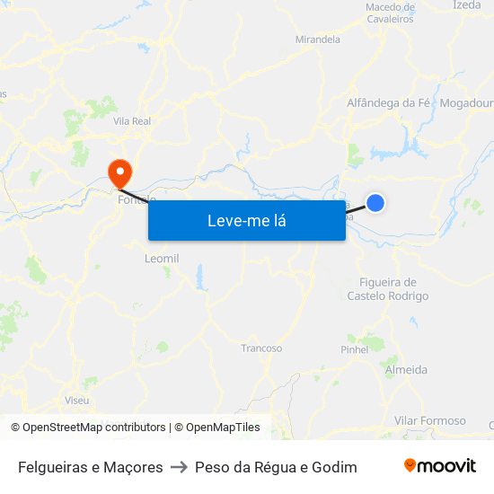 Felgueiras e Maçores to Peso da Régua e Godim map