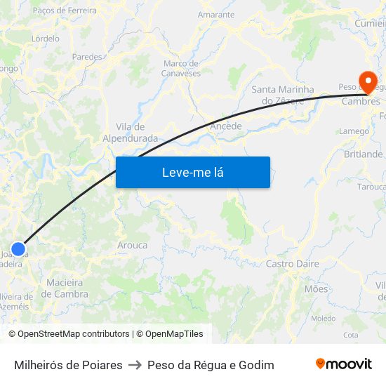 Milheirós de Poiares to Peso da Régua e Godim map