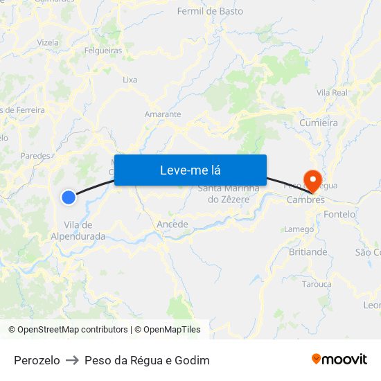 Perozelo to Peso da Régua e Godim map