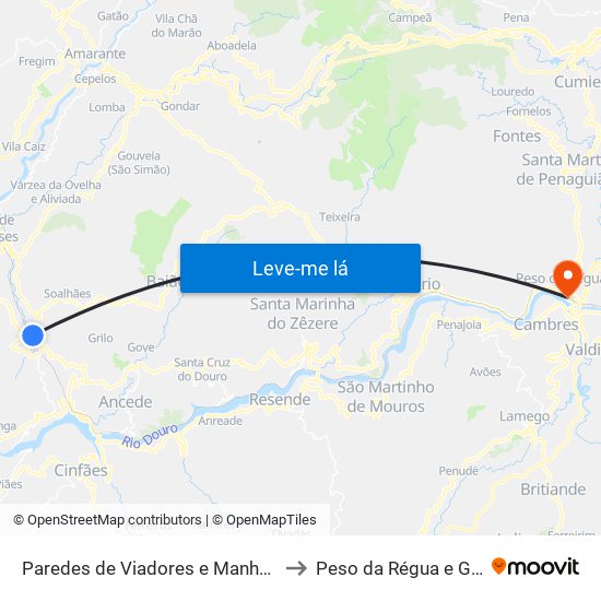 Paredes de Viadores e Manhuncelos to Peso da Régua e Godim map