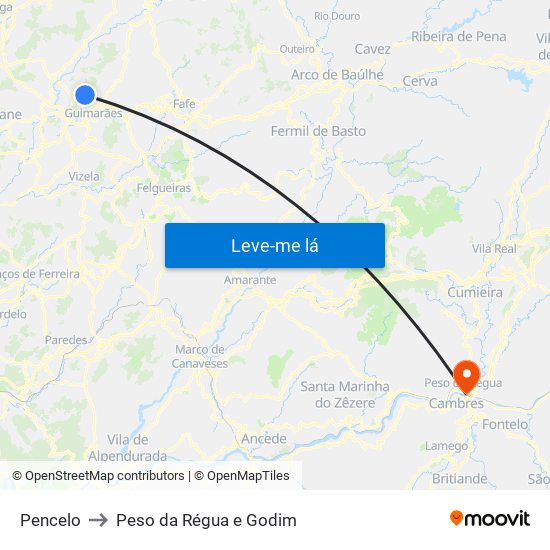 Pencelo to Peso da Régua e Godim map